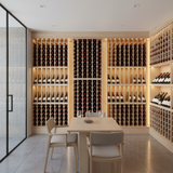 Modern wine cellar with illuminated shelves and a dining table.