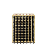 A 7 column pine wooden wine rack storing 70 bottles