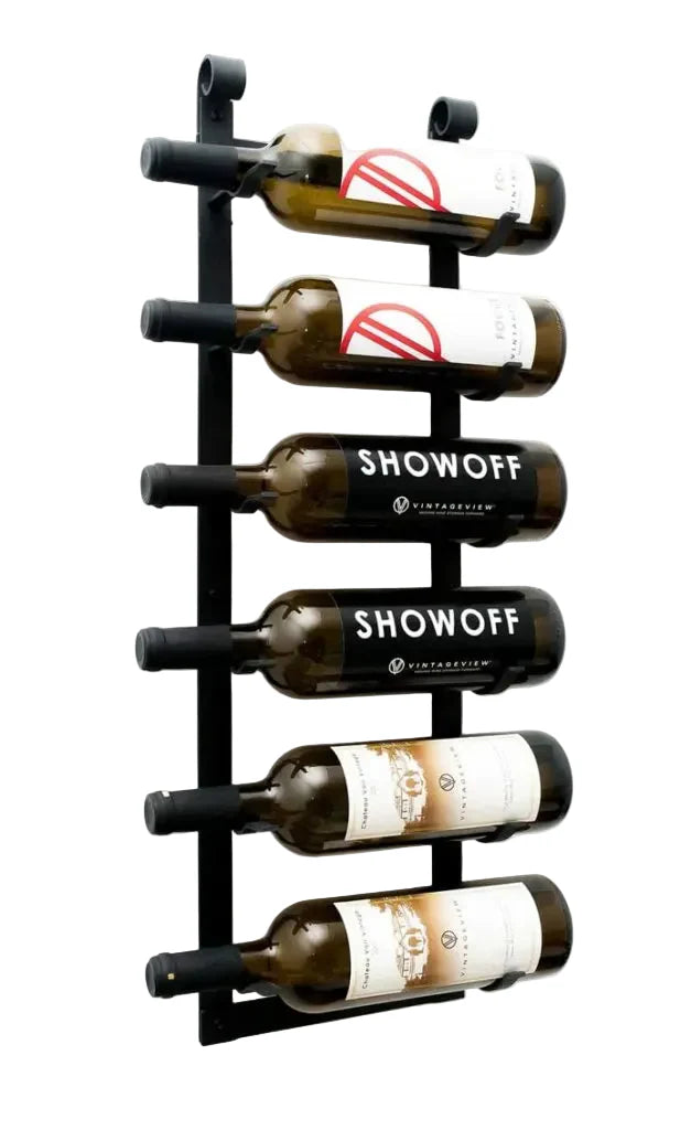 Wall-mounted wine rack with labeled wine bottles on a white background