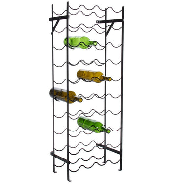 Black metal wine rack with bottles on a white background