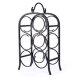 Black metal wine rack with circular design on a white background