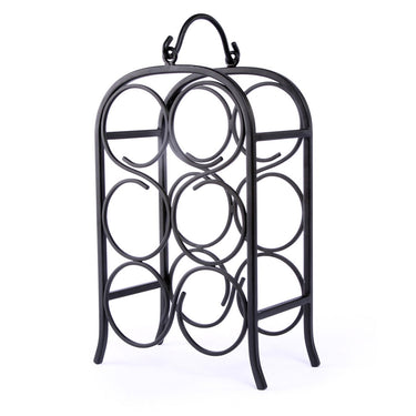 Black metal wine rack with circular design on a white background