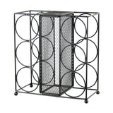 Black metal wine rack with circular design on a white background