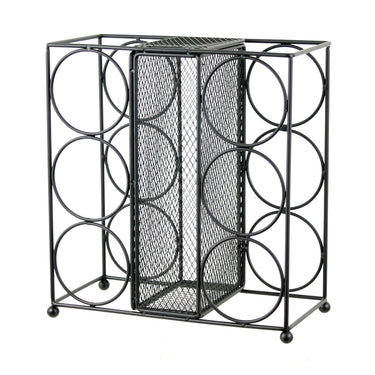 Black metal wine rack with circular design on a white background