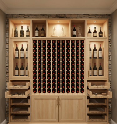 Wooden wine cabinet with wine bottles arranged in a grid pattern.