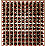 Wooden wine rack filled with red wine bottles