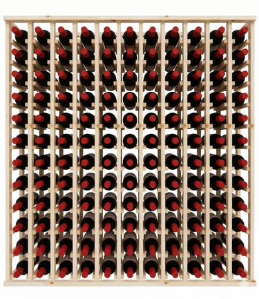 Wooden wine rack filled with red wine bottles