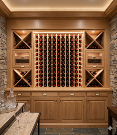 Wooden wine cellar with neatly arranged wine bottles in a grid pattern.