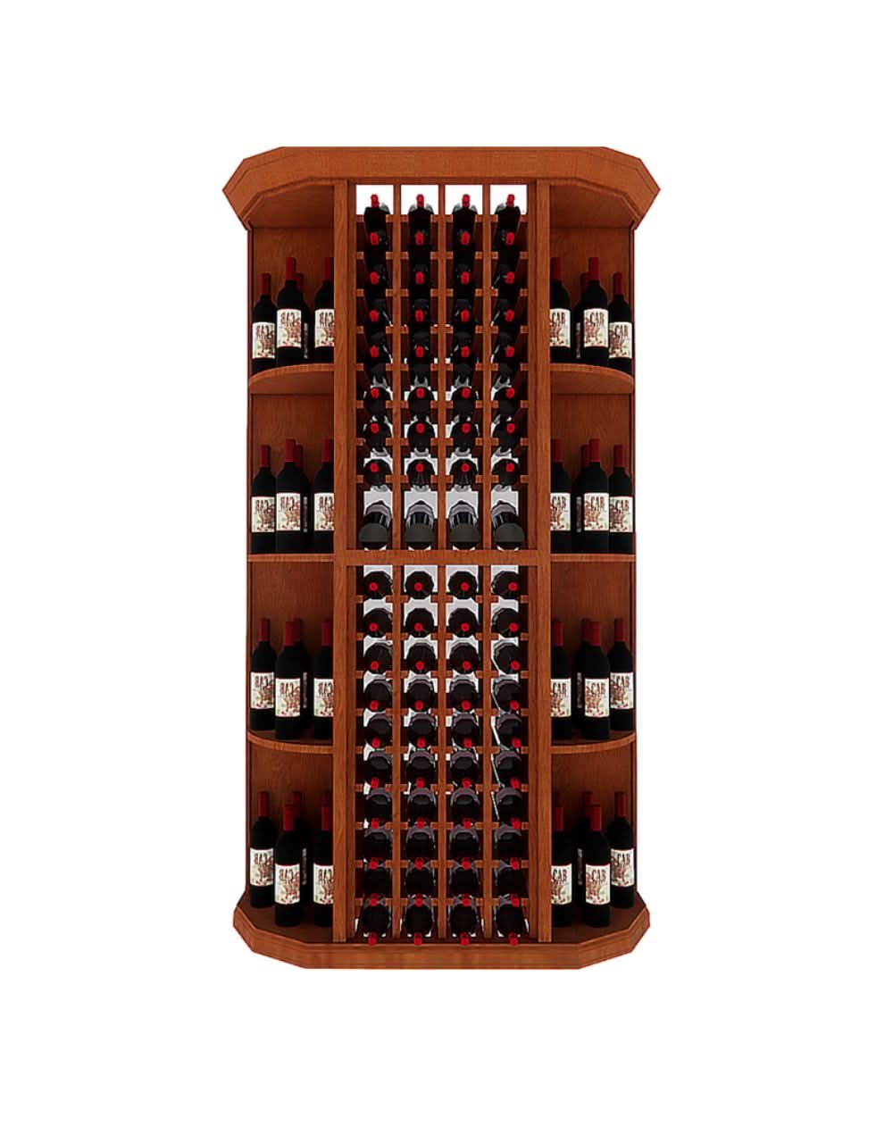 Wooden wine rack with multiple bottles of wine on a white background