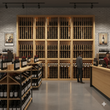 Wine store interior with wooden shelves and wine bottles.
