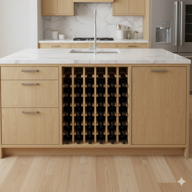 Modern kitchen with wooden island featuring a wine rack and marble countertop.