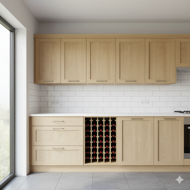 Modern kitchen with wooden cabinets and a wine rack.