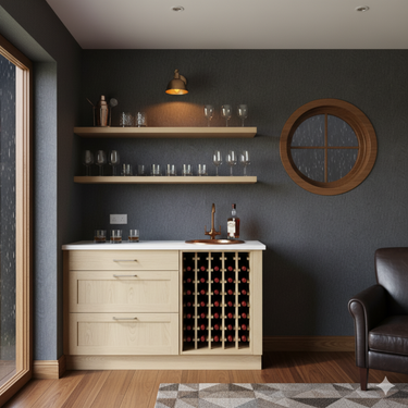 Modern home bar with shelves, cabinets, and a round mirror on a gray wall.