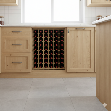 Wooden kitchen cabinet with built-in wine rack containing bottles.