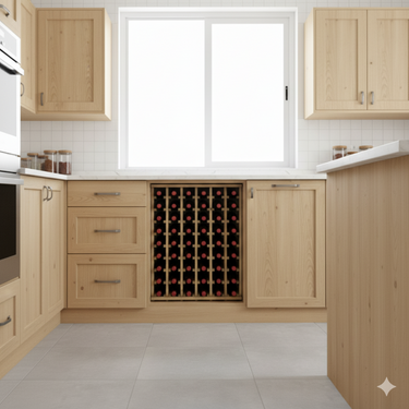 Wooden kitchen with built-in wine rack