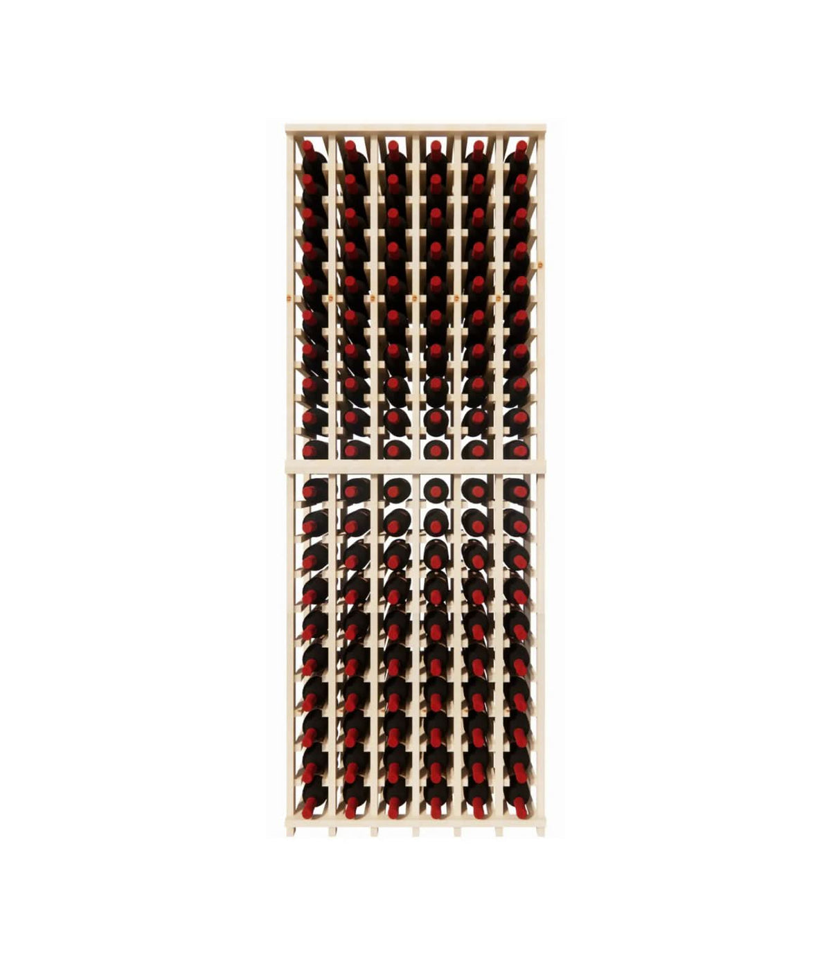 Wine rack with red wine bottles on a white background
