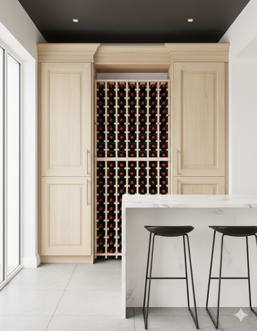 Wine cellar with wooden cabinets and wine bottles in a modern kitchen setting.