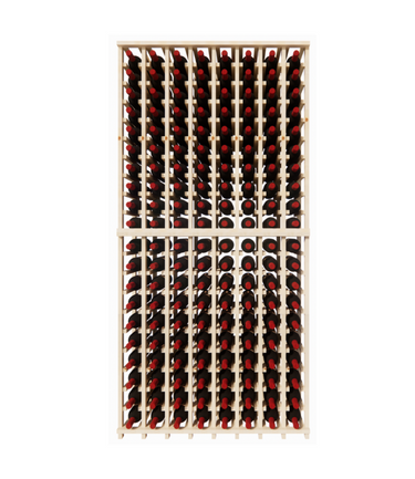 Wooden wine rack with red wine bottles on a white background