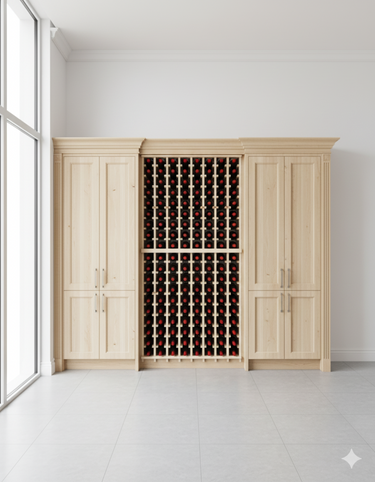 Wooden wine cabinet with wine bottles inside, in a bright room with large windows.