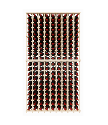 Wooden wine rack with red wine bottles on a white background