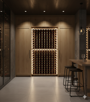 Modern wine cellar with wooden wine rack and bar area.