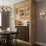 Wooden wine cabinet in a dining room with bottles and glasses.