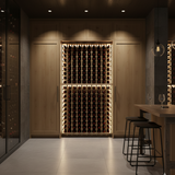 Modern wine cellar with wooden wine rack and bar area.