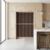 Modern kitchen with wooden cabinets and a wine rack.