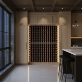 Modern kitchen with a wine rack against a wall