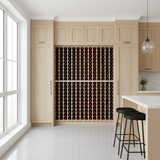 Modern kitchen with wine rack and bar stools