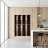 Modern kitchen with wooden cabinets and a wine rack.