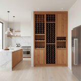 Modern kitchen with wooden wine rack and marble countertop