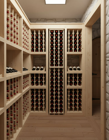 Wine cellar with wooden shelves filled with wine bottles.