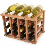 Wooden wine rack holding multiple wine bottles on a white background