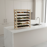 Wooden wine rack with bottles on a kitchen counter