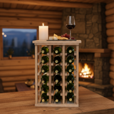 Wine rack with bottles, a candle, and a glass of wine on a wooden table in a cozy room with a fireplace.