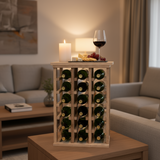 Wine rack with bottles on a table in a living room setting