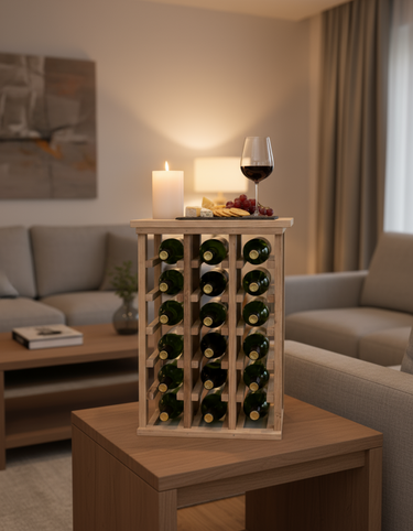 Wine rack with bottles on a table in a living room setting