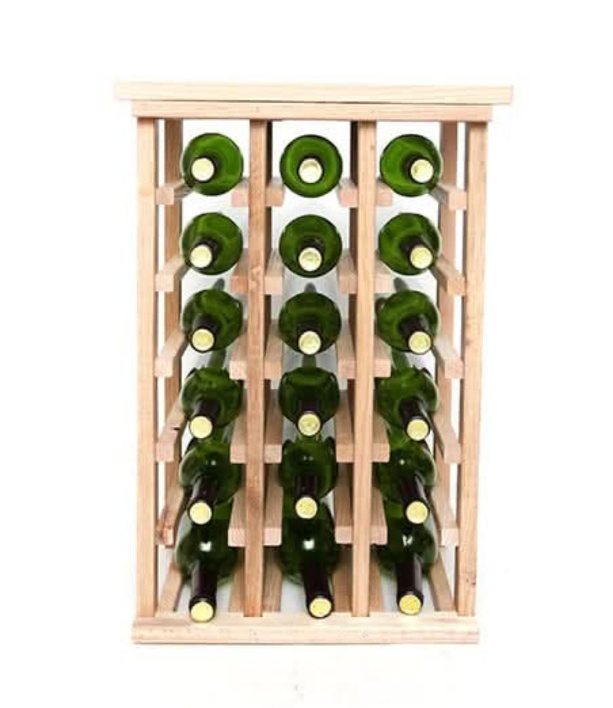 Wooden wine rack with green wine bottles on a white background