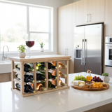 Wooden wine rack with bottles on a kitchen counter, surrounded by fruits and snacks.