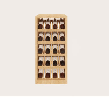 Wooden shoe rack with multiple pairs of shoes on a beige background