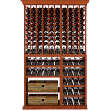 Wooden wine rack filled with wine bottles on a white background