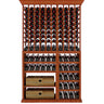 Wooden wine rack filled with wine bottles on a white background