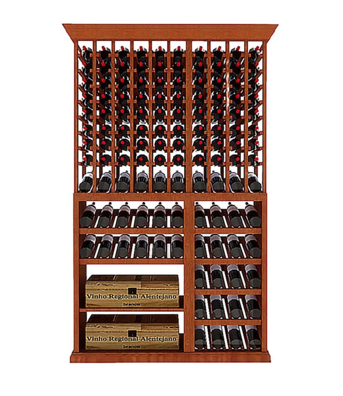 Wooden wine rack filled with wine bottles on a white background