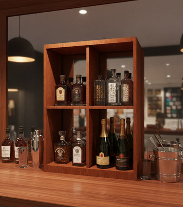 Wooden bar shelf with various bottles of alcohol and glasses on a wooden counter.