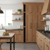 Modern kitchen with wooden cabinets, wine rack, and countertop.
