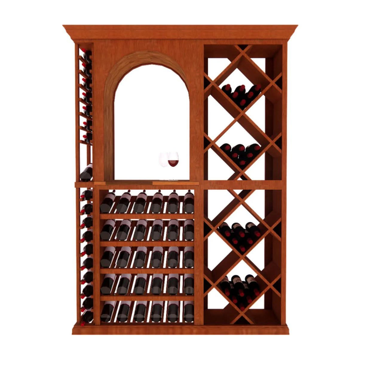 Wooden wine rack with bottles on a white background
