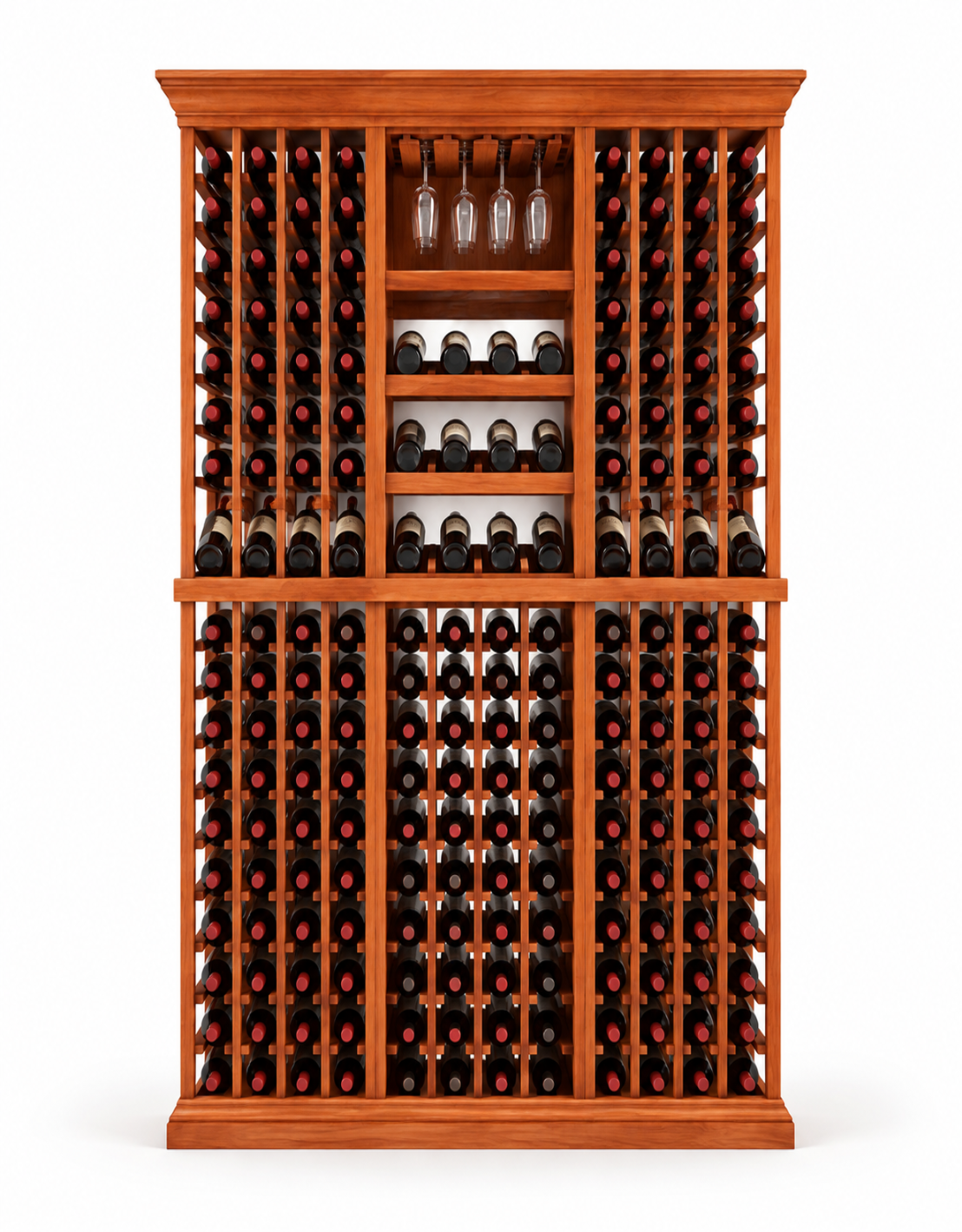 wooden freestanding wine cellar storage and bottle display, with stemware rack