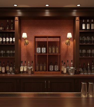 Bar setup with shelves stocked with bottles and glasses, illuminated by wall lights.