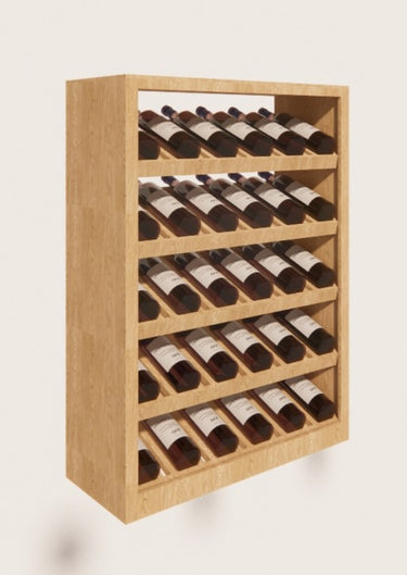 Wooden wine rack with bottles on a light background